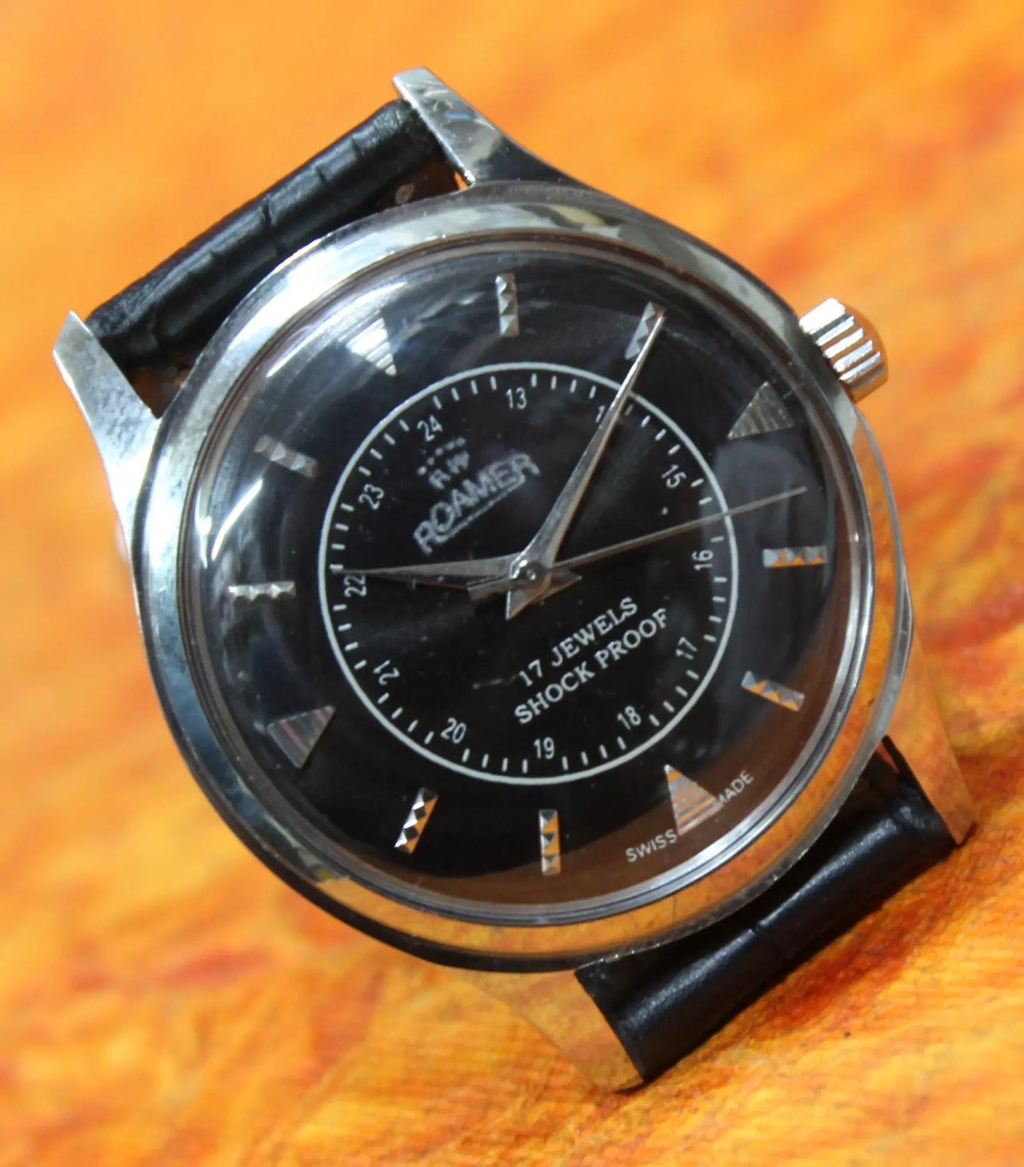 Black Dial Wristwatch Roamer Vintage 17 Jewels FHF ST96 Mechanical Hand Winding Swiss Made - Genuine Vintage Watches