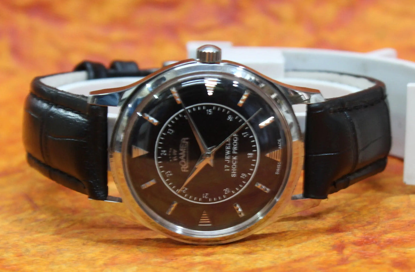 Black Dial Wristwatch Roamer Vintage 17 Jewels FHF ST96 Mechanical Hand Winding Swiss Made - Genuine Vintage Watches