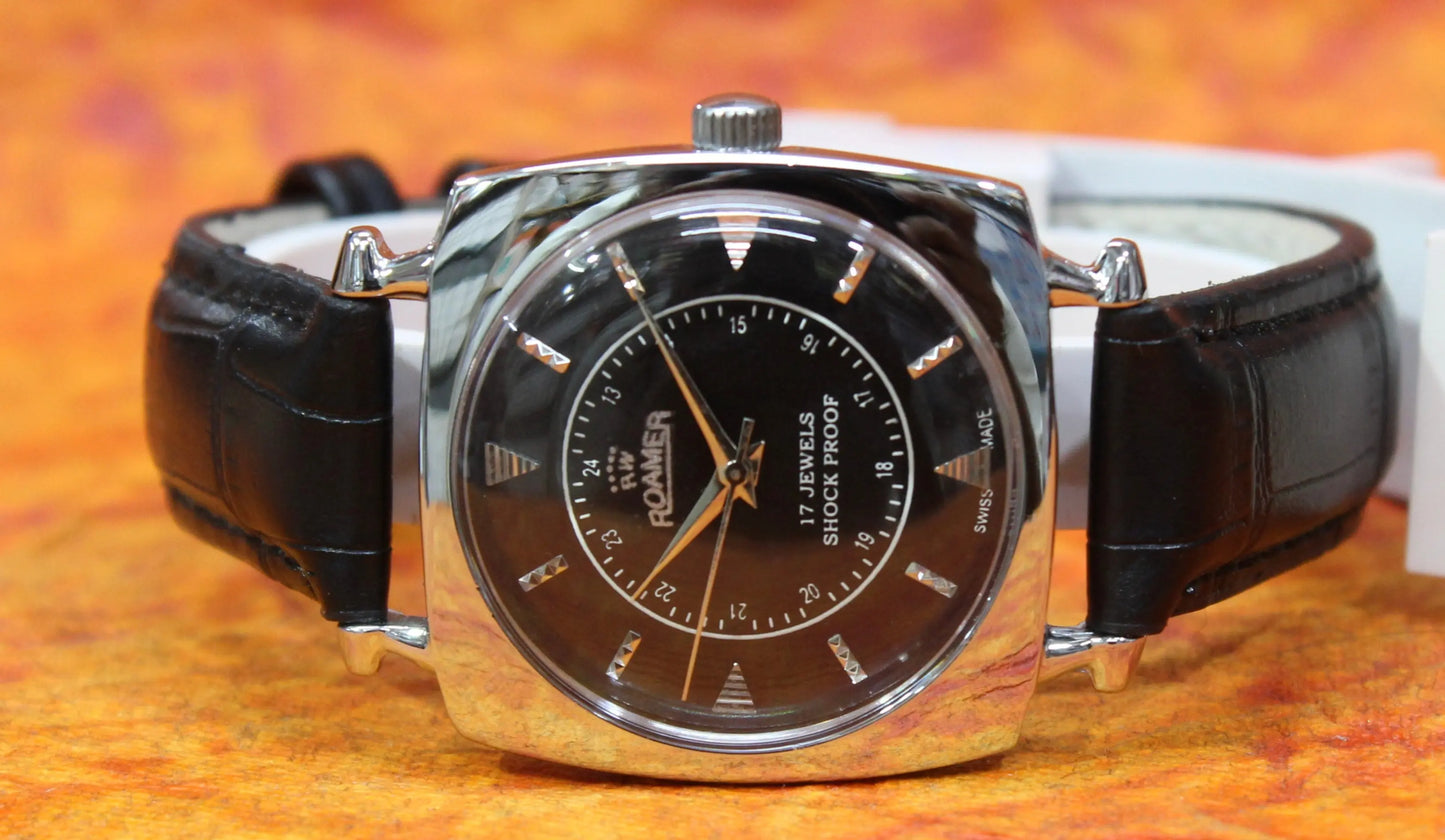 Roamer Vintage 17 Jewels FHF ST96 Mechanical Hand Winding Swiss Made Black Dial Wristwatch - Genuine Vintage Watches