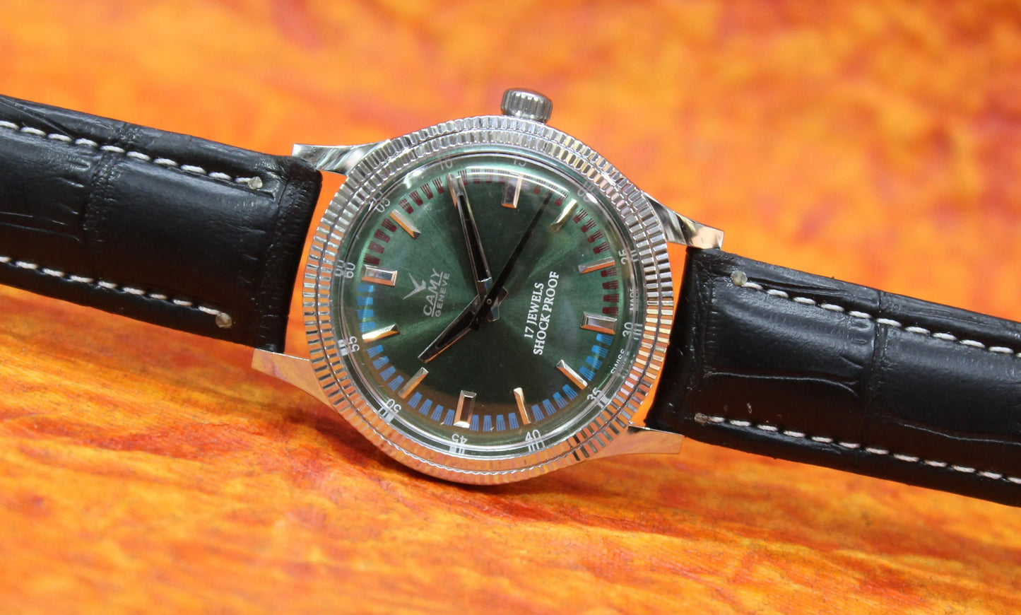 Camy Geneva Vintage 17 Jewels FHF ST96 Mechanical Hand Winding Swiss Made Green Dial Wristwatch - Genuine Vintage Watches