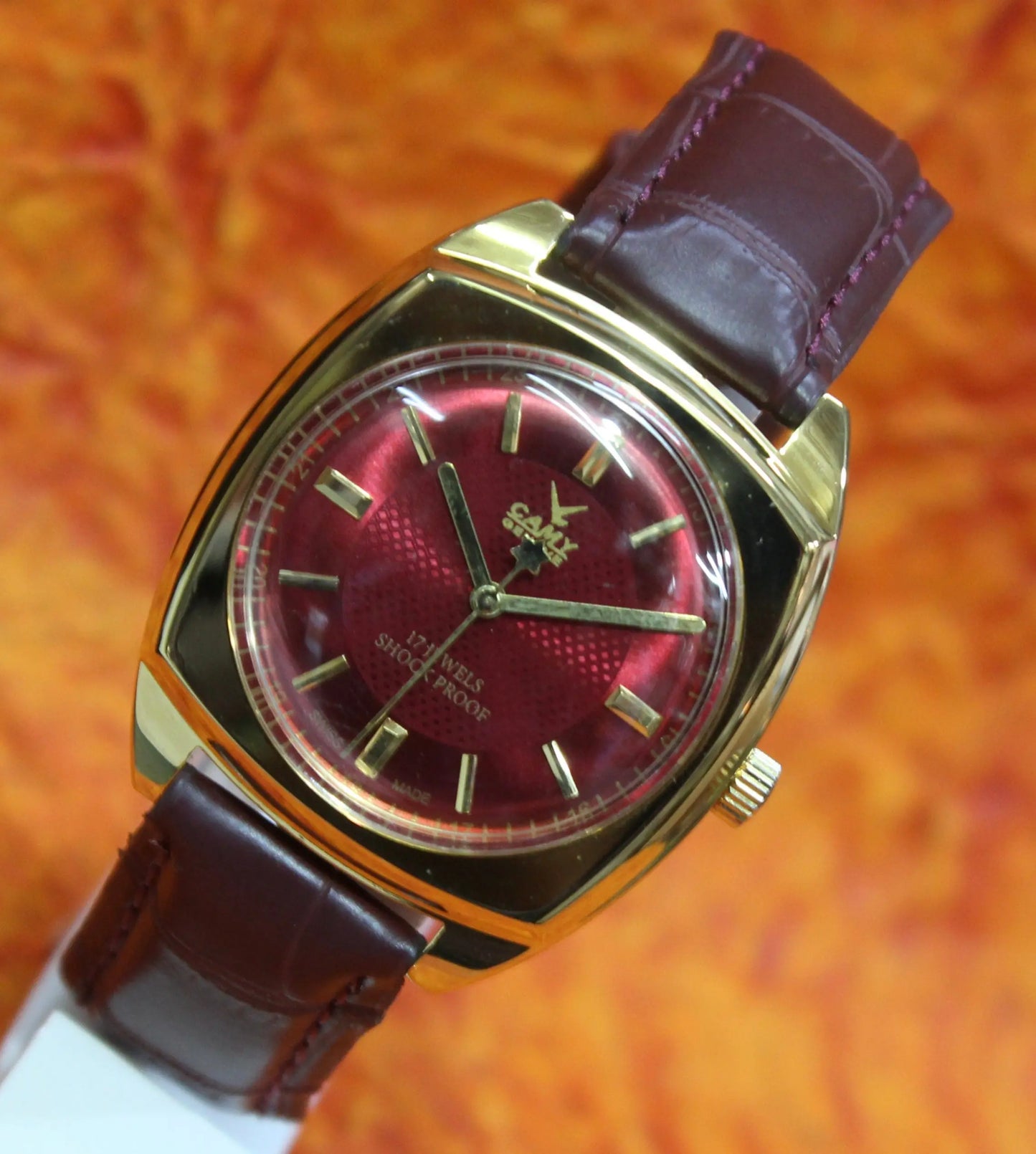 Camy Geneva Vintage 17 Jewels FHF ST96 Mechanical Hand Winding Swiss Made Red Dial Wristwatch - Genuine Vintage Watches