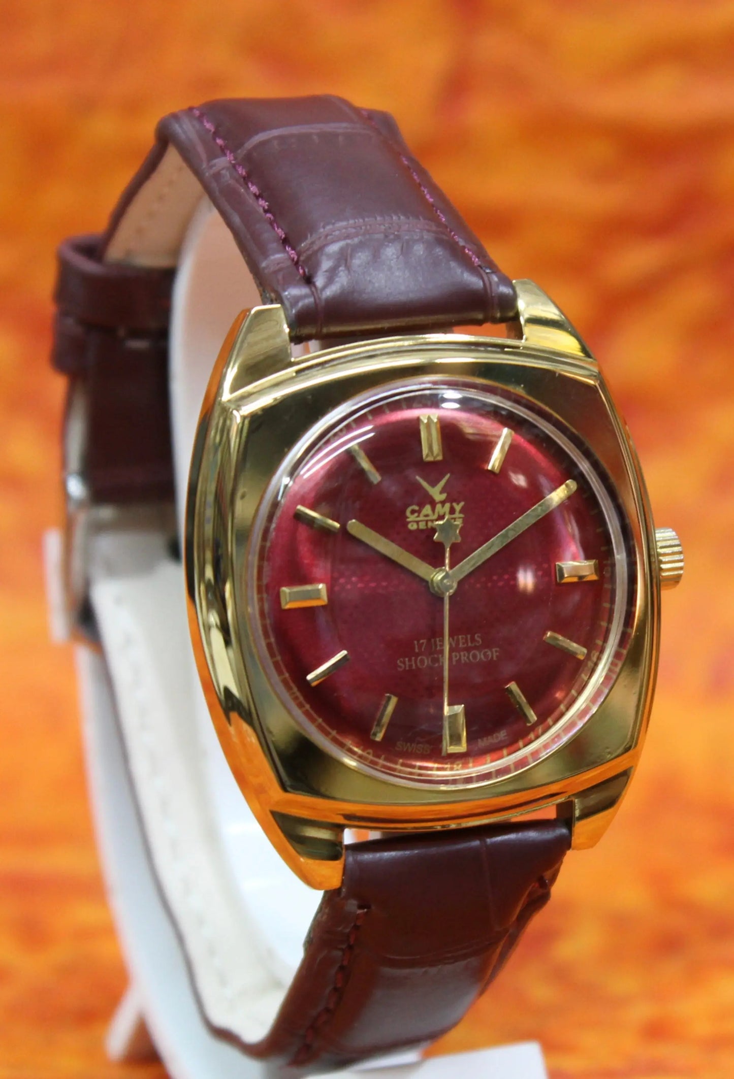 Camy Geneva Vintage 17 Jewels FHF ST96 Mechanical Hand Winding Swiss Made Red Dial Wristwatch - Genuine Vintage Watches