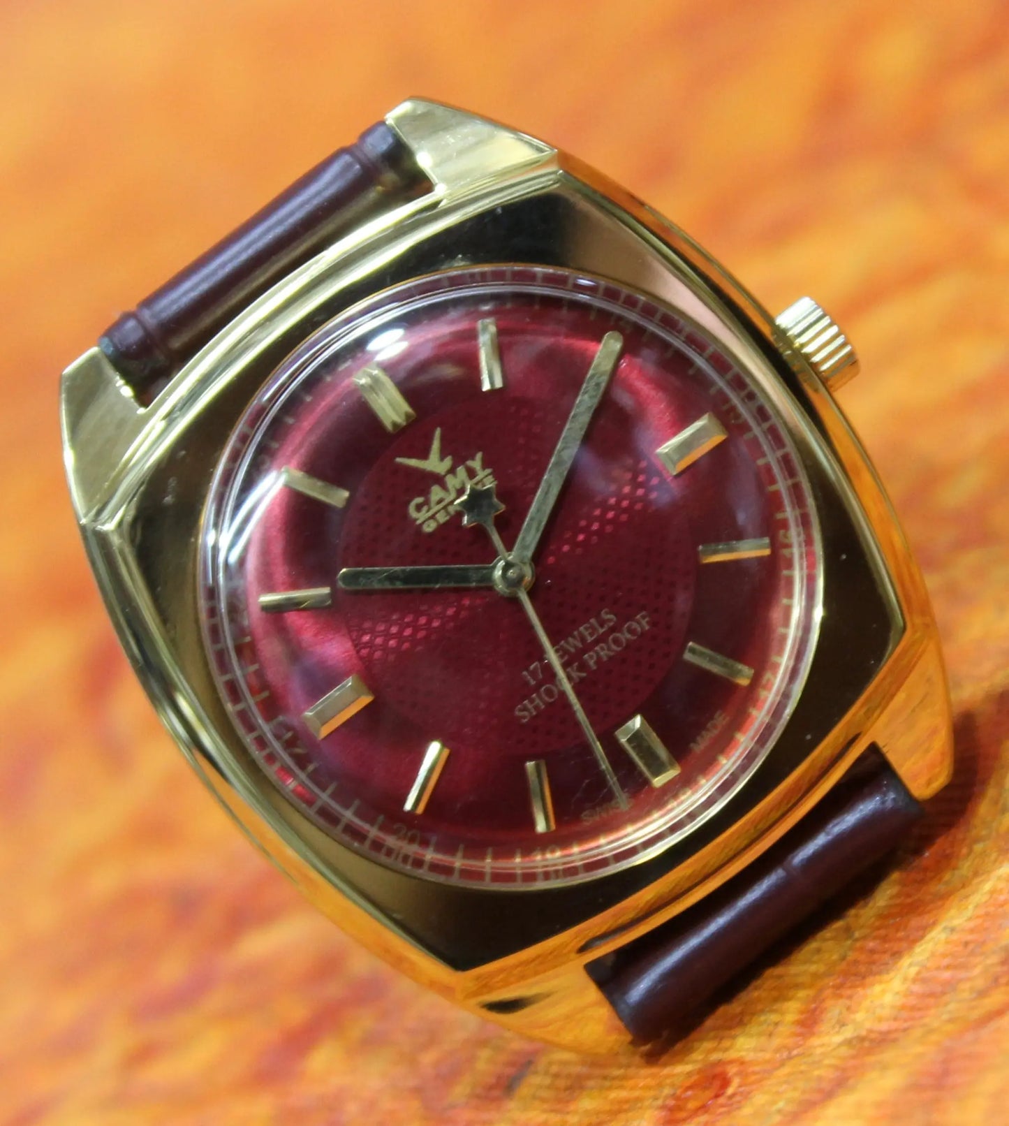 Camy Geneva Vintage 17 Jewels FHF ST96 Mechanical Hand Winding Swiss Made Red Dial Wristwatch - Genuine Vintage Watches