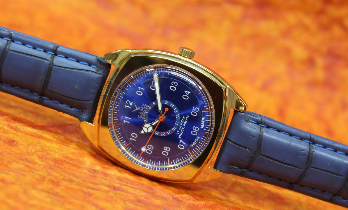 Camy Geneva Vintage 17 Jewels FHF ST96 Mechanical Hand Winding Swiss Made Blue Dial Wristwatch - Genuine Vintage Watches