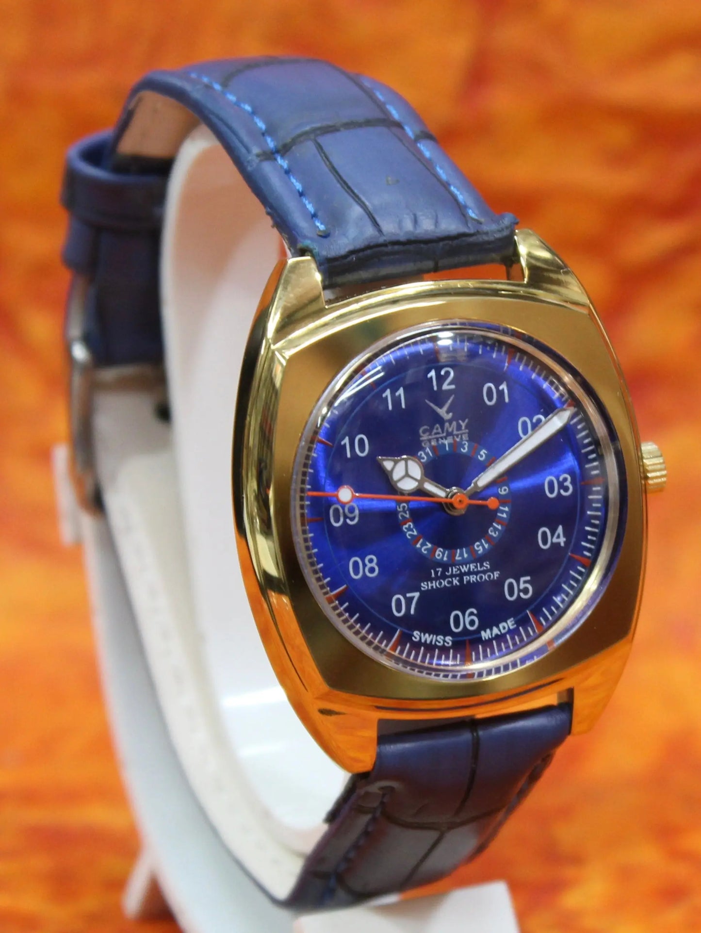 Camy Geneva Vintage 17 Jewels FHF ST96 Mechanical Hand Winding Swiss Made Blue Dial Wristwatch - Genuine Vintage Watches