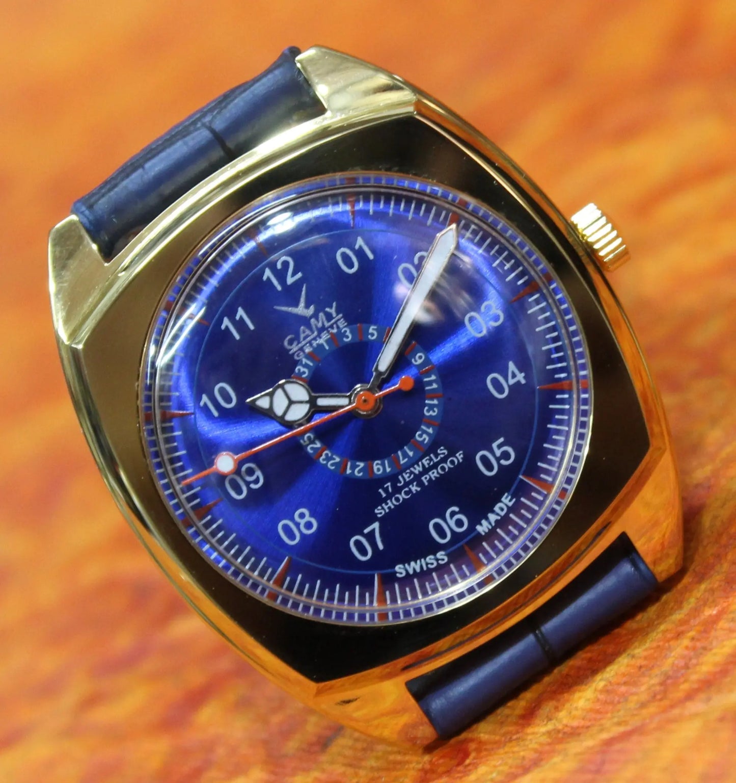 Camy Geneva Vintage 17 Jewels FHF ST96 Mechanical Hand Winding Swiss Made Blue Dial Wristwatch - Genuine Vintage Watches