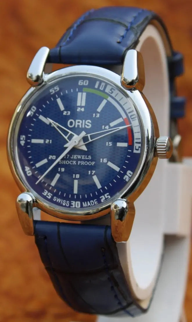 Blue Faux Leather Watch ORIS 17 Jewels FHF ST96 Mechanical Hand Winding Swiss Made - Genuine Vintage Watches