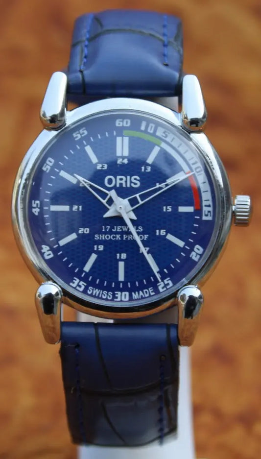 Blue Faux Leather Watch ORIS 17 Jewels FHF ST96 Mechanical Hand Winding Swiss Made - Genuine Vintage Watches