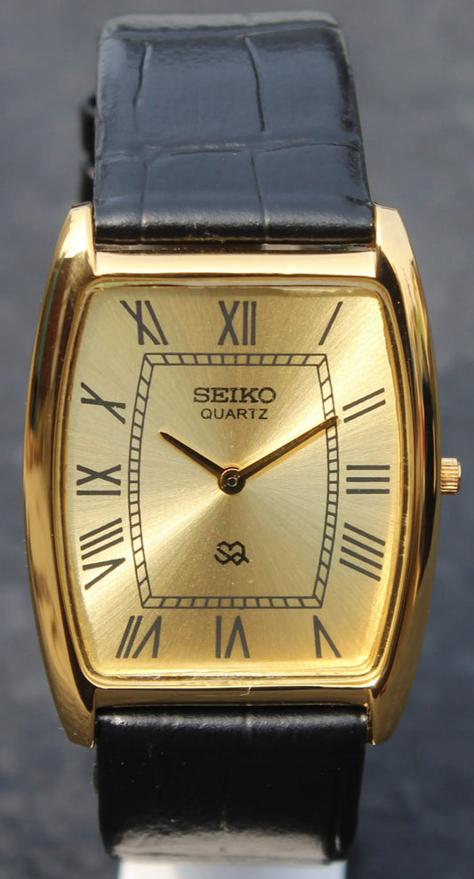 Seiko Quartz Super Slim Two Hands Japan Made Gold Plated Case Golden Dial Wristwatch - Genuine Vintage Watches