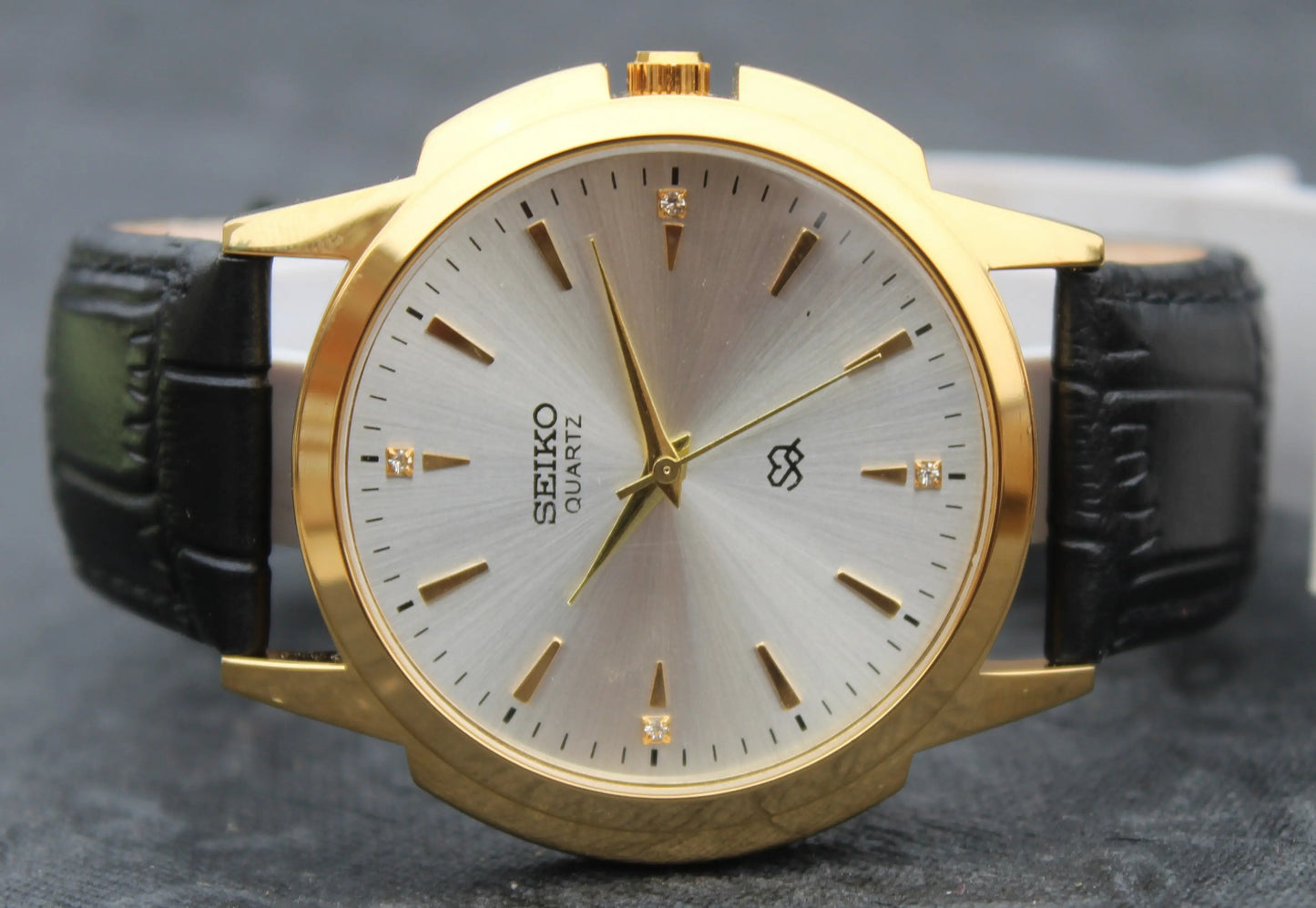 Seiko Quartz Japan Made Gold Plated Case Silver Dial Faux Leather Strap Wristwatch - Genuine Vintage Watches