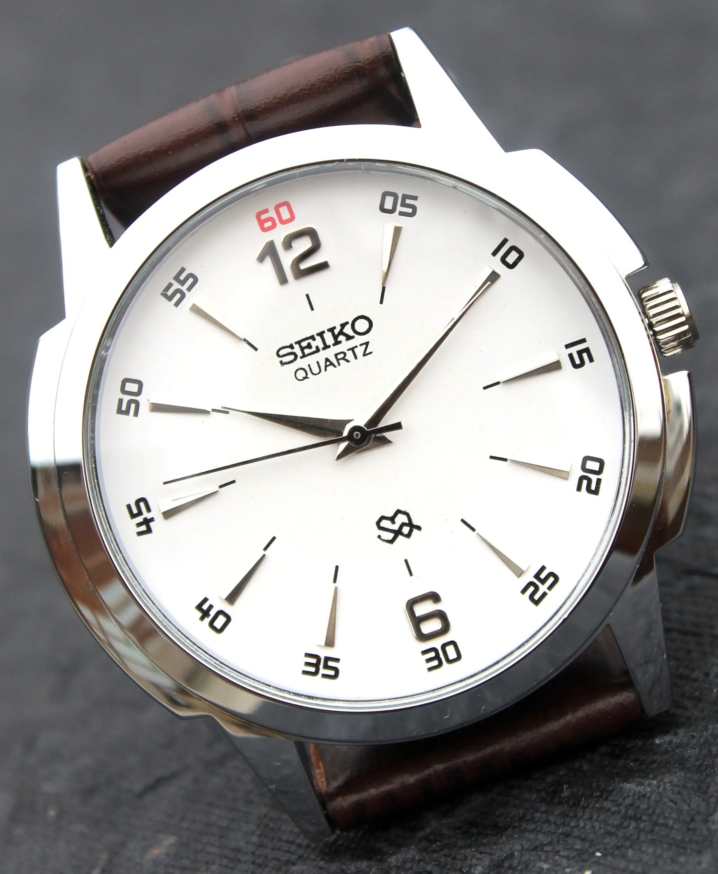 Seiko Quartz Japan Made Stainless Steel Case White Dial Faux Leather Strap Wristwatch - Genuine Vintage Watches