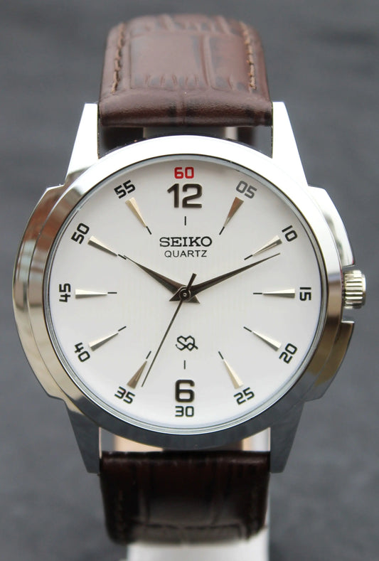 Seiko Quartz Japan Made Stainless Steel Case White Dial Faux Leather Strap Wristwatch - Genuine Vintage Watches