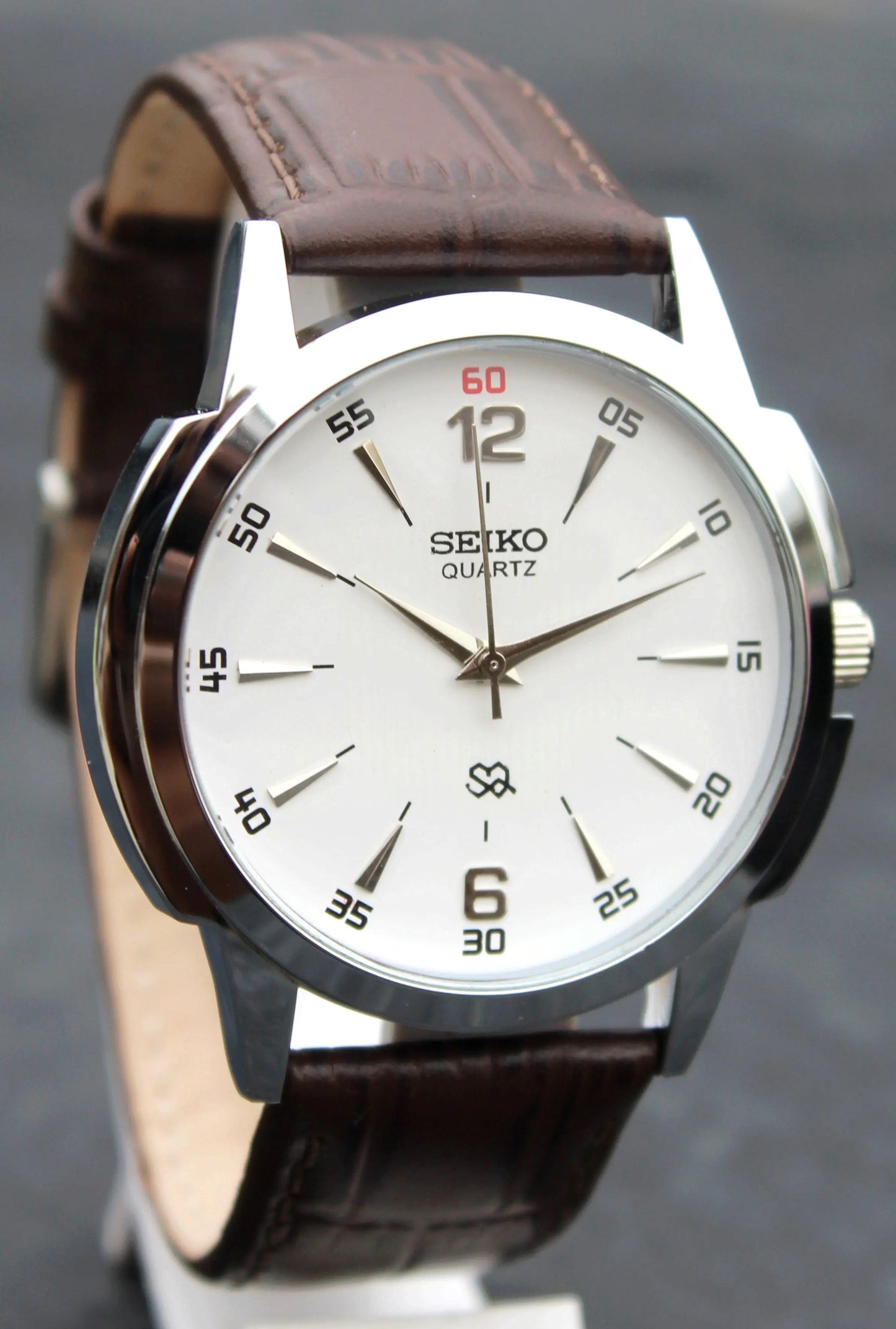 Seiko Quartz Japan Made Stainless Steel Case White Dial Faux Leather Strap Wristwatch - Genuine Vintage Watches