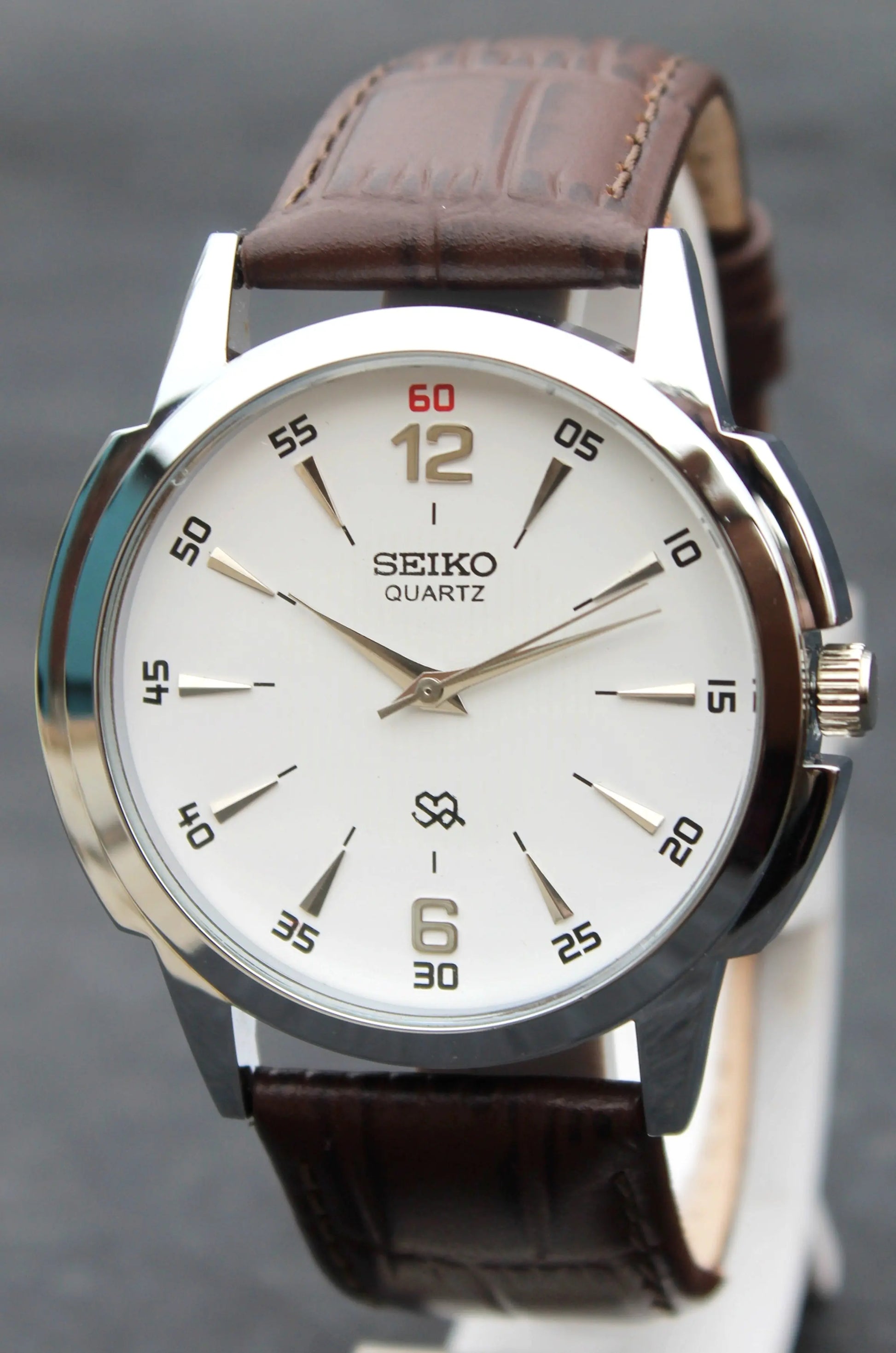 Seiko Quartz Japan Made Stainless Steel Case White Dial Faux Leather Strap Wristwatch - Genuine Vintage Watches