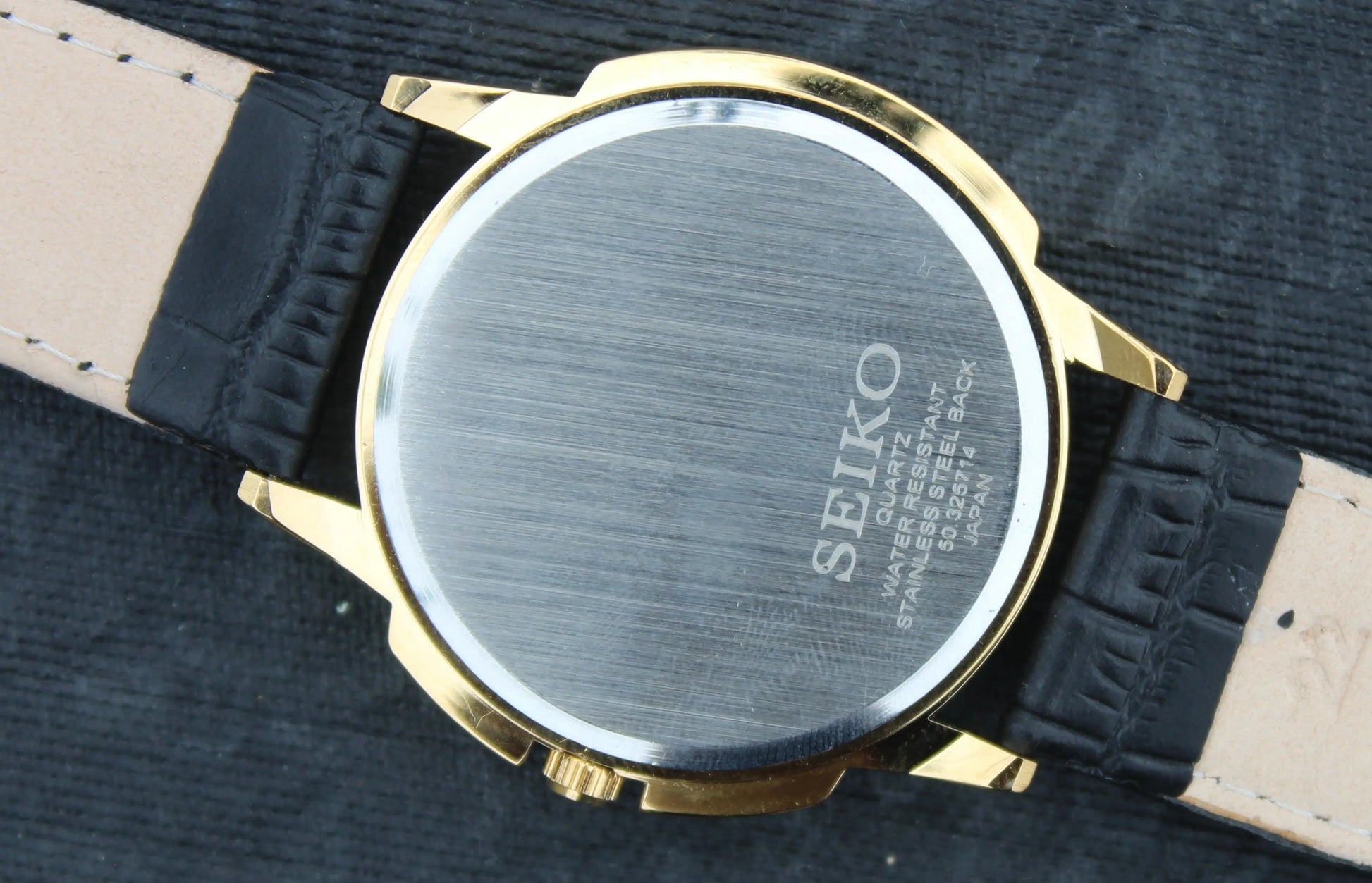 Seiko Quartz Japan Made Gold Plated Case Gold Dial Faux Leather Strap Wristwatch - Genuine Vintage Watches