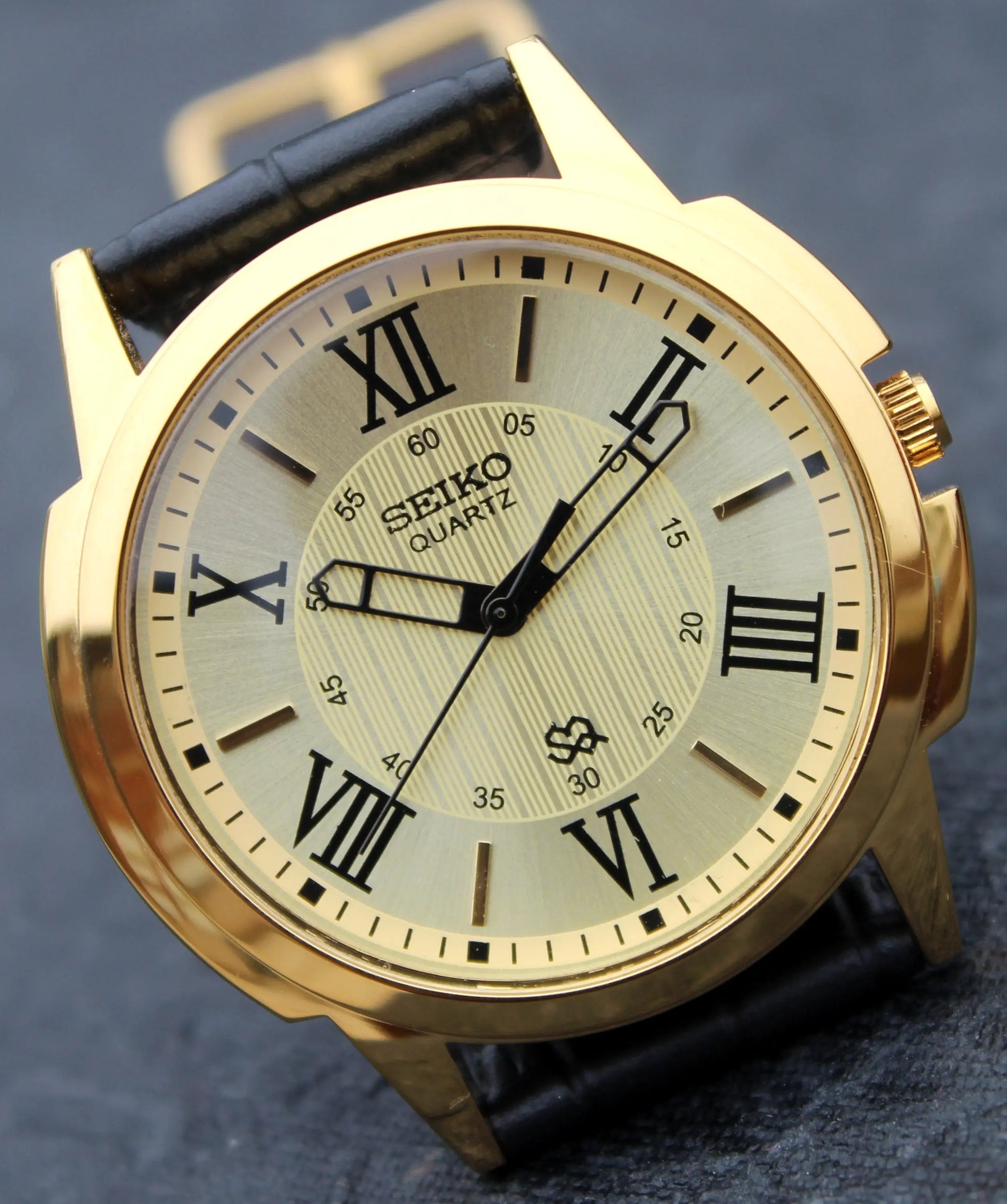 Seiko Quartz Japan Made Gold Plated Case Gold Dial Faux Leather Strap Wristwatch - Genuine Vintage Watches