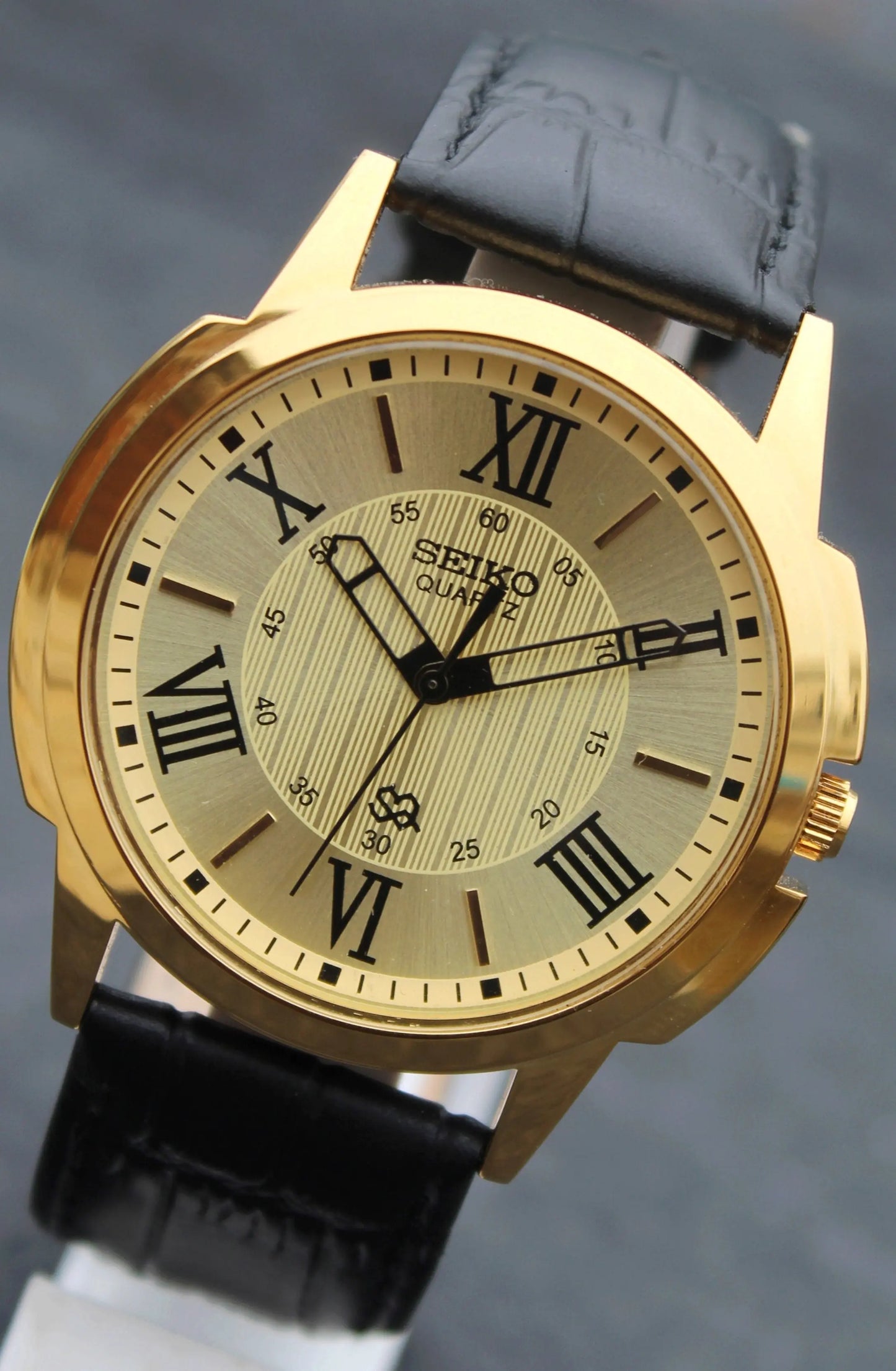 Seiko Quartz Japan Made Gold Plated Case Gold Dial Faux Leather Strap Wristwatch - Genuine Vintage Watches