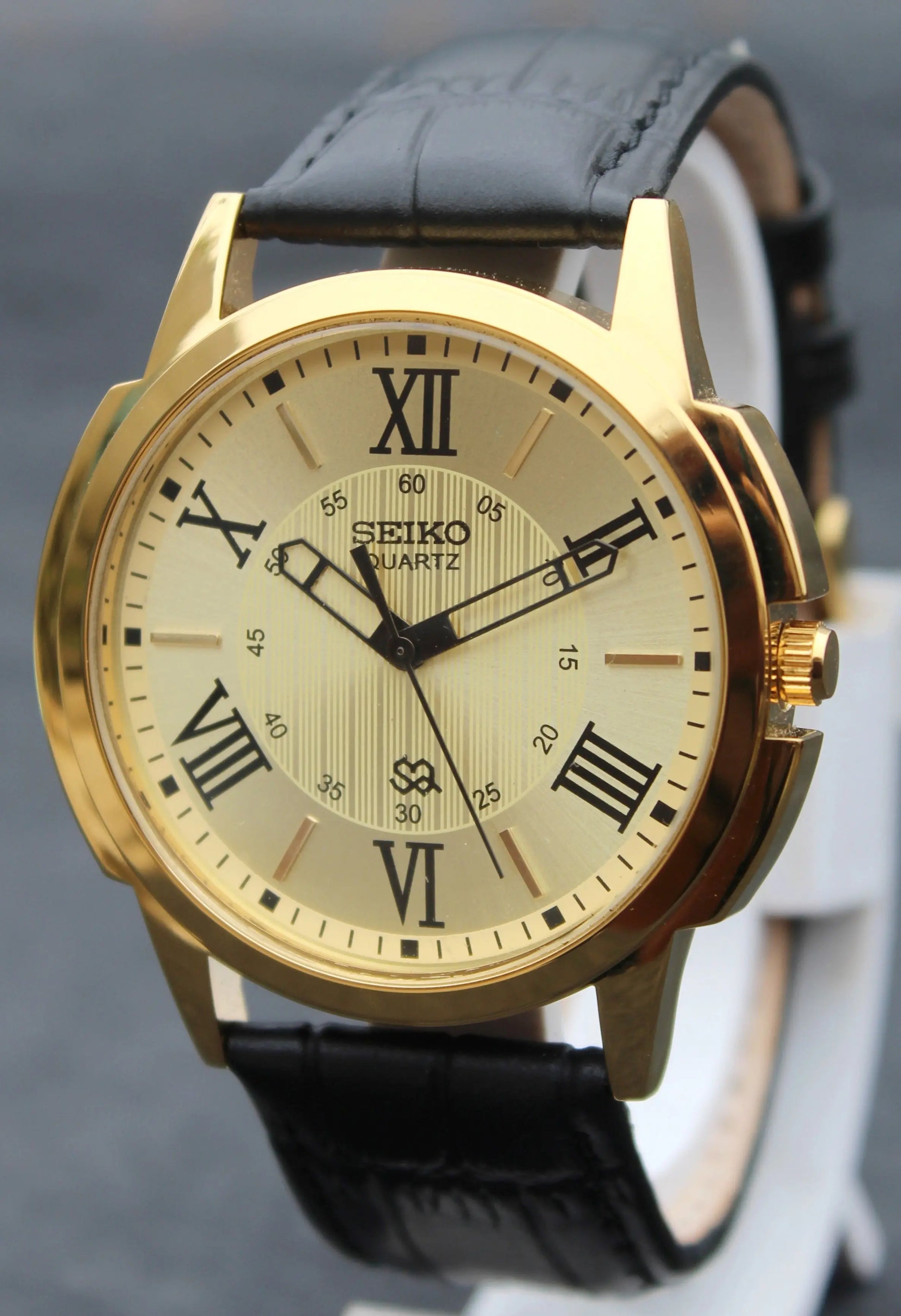 Seiko Quartz Japan Made Gold Plated Case Gold Dial Faux Leather Strap Wristwatch - Genuine Vintage Watches