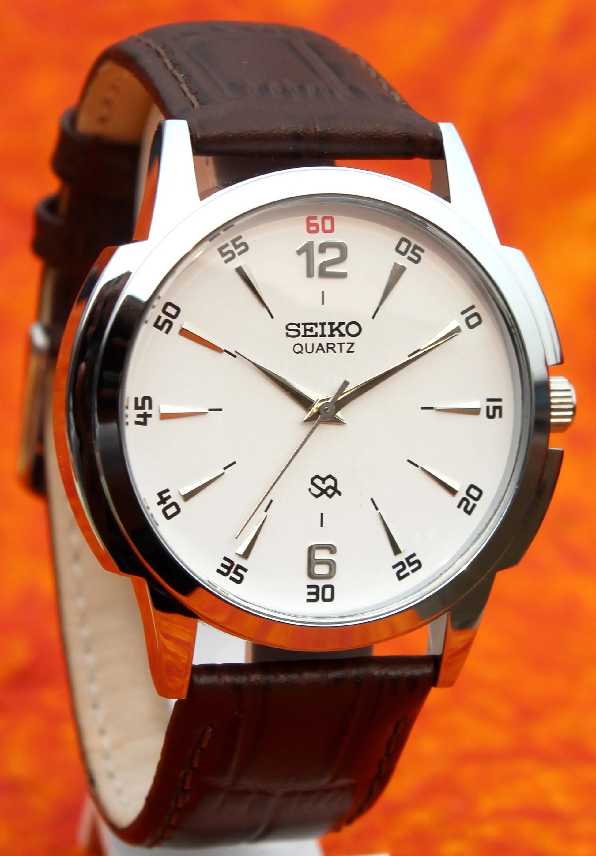 Seiko Quartz Japan Made Gold Plated Case White Dial Faux Leather Strap Wristwatch - Genuine Vintage Watches