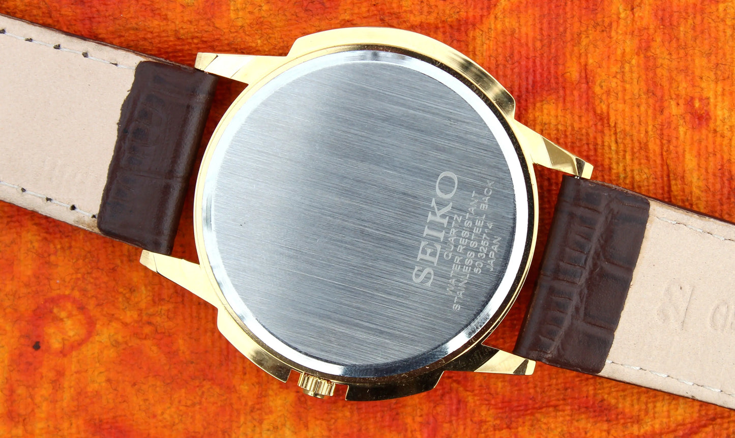 Seiko Quartz Japan Made Gold Plated Case Silver Dial Faux Leather Strap Wristwatch - Genuine Vintage Watches