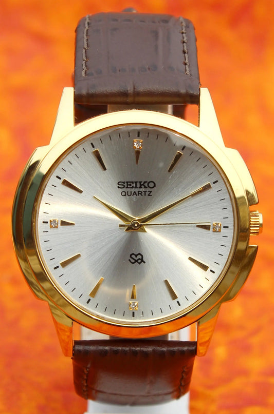 Seiko Quartz Japan Made Gold Plated Case Silver Dial Faux Leather Strap Wristwatch - Genuine Vintage Watches