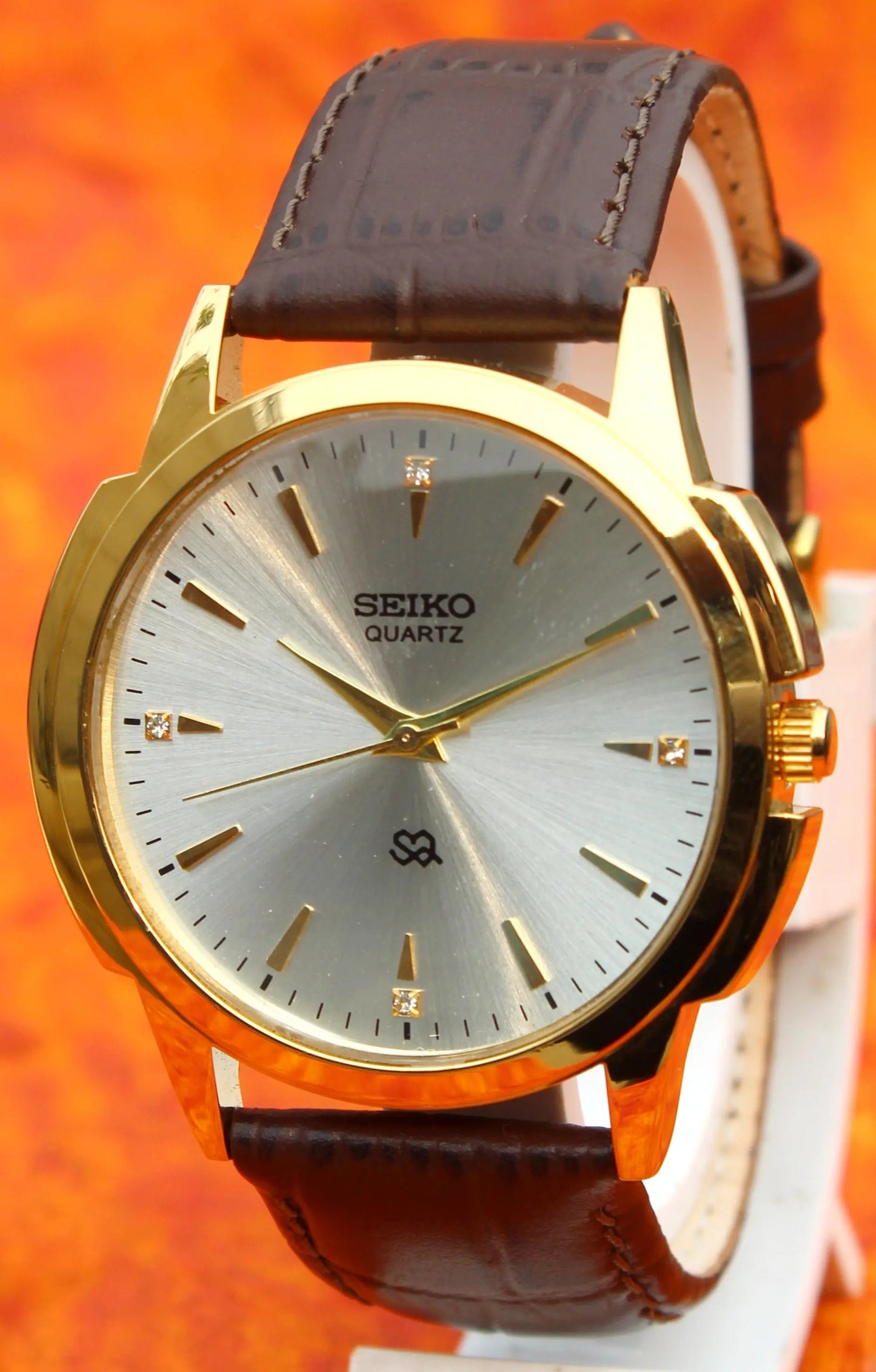 Seiko Quartz Japan Made Gold Plated Case Silver Dial Faux Leather Strap Wristwatch - Genuine Vintage Watches