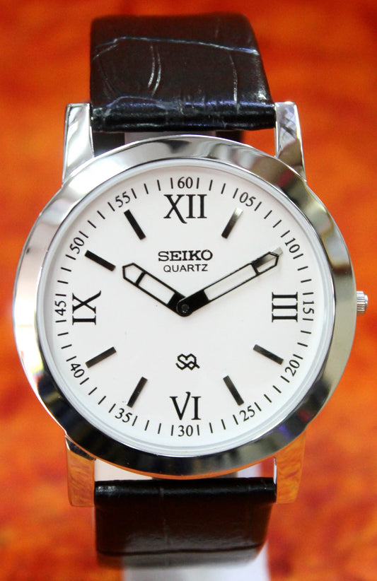 Seiko Quartz Super Slim Two Hands Japan Made Stainless Steel Case White Dial Wristwatch - Genuine Vintage Watches