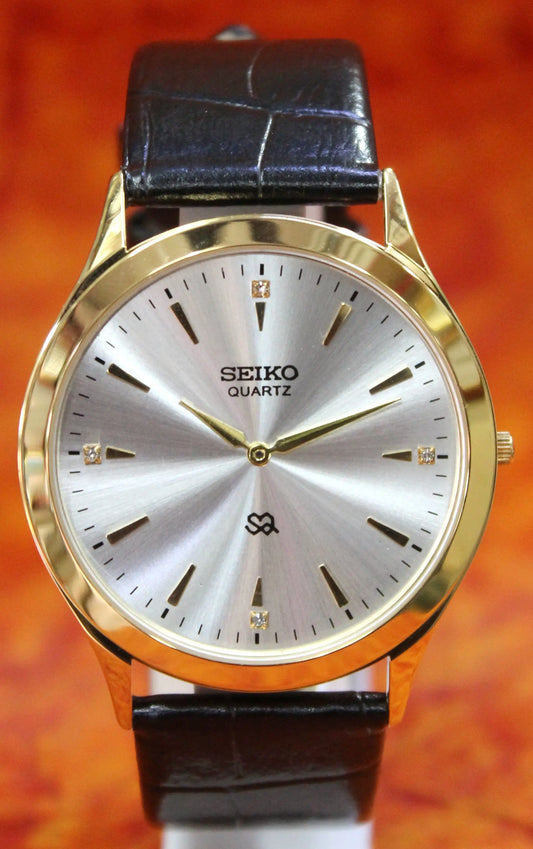 Seiko Quartz Super Slim Two Hands Japan Made Gold Plated Case Silver Dial Wristwatch - Genuine Vintage Watches