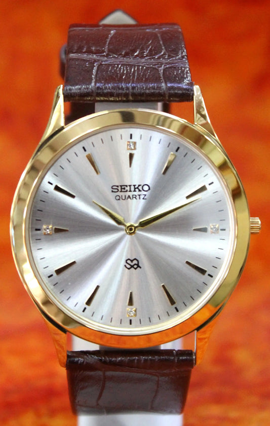 Seiko Quartz Super Slim Two Hands Japan Made Gold Plated Case Silver Dial Wristwatch - Genuine Vintage Watches