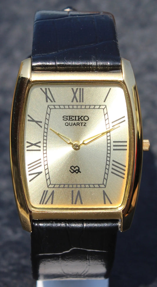 Seiko Quartz Super Slim Two Hands Japan Made Gold Plated Case Golden Dial Wristwatch - Genuine Vintage Watches