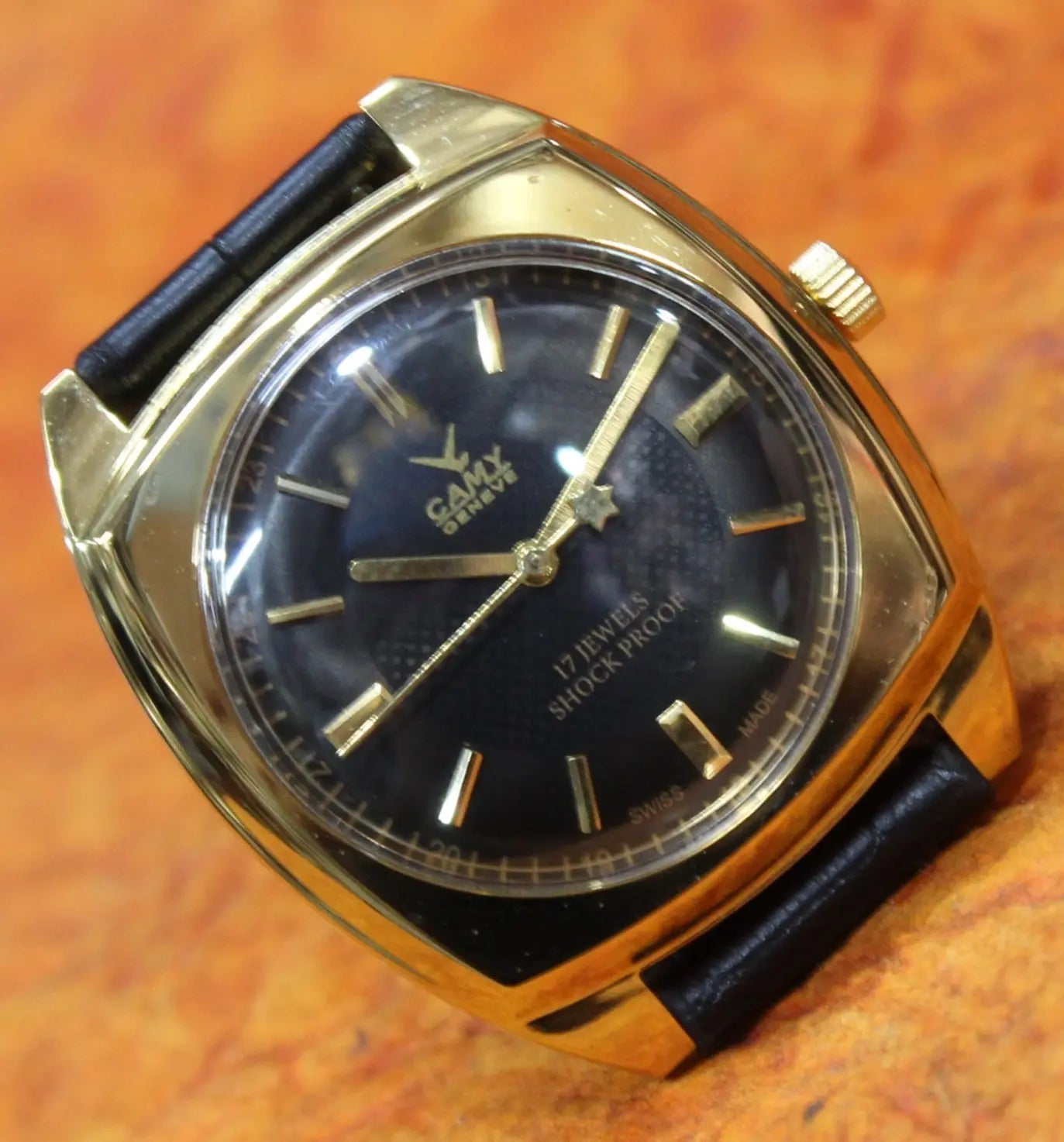 Black Dial Wristwatch Camy Geneva 17 Jewels ST96 Mechanical Hand Wind Movement - Genuine Vintage Watches