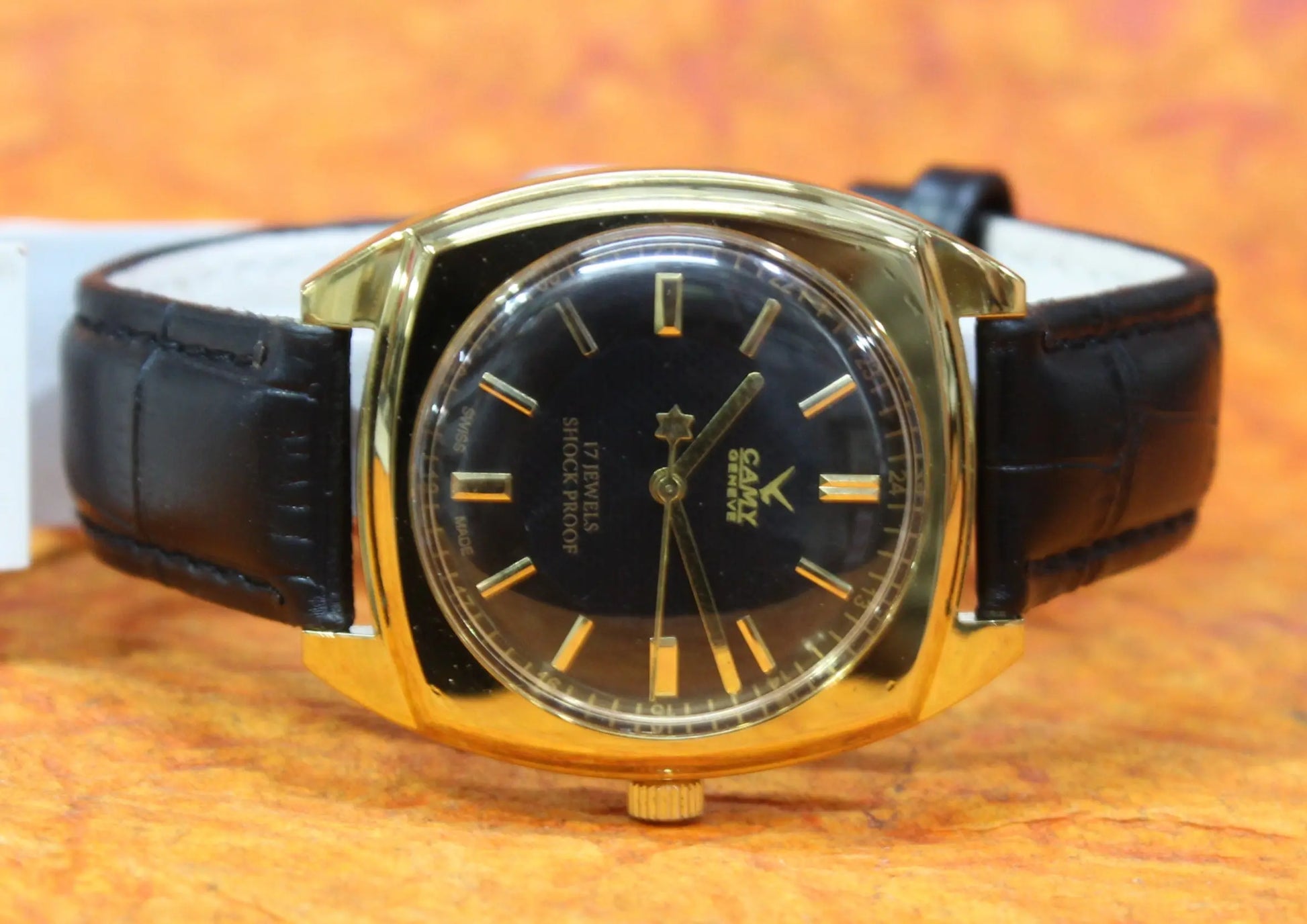 Black Dial Wristwatch Camy Geneva 17 Jewels ST96 Mechanical Hand Wind Movement - Genuine Vintage Watches