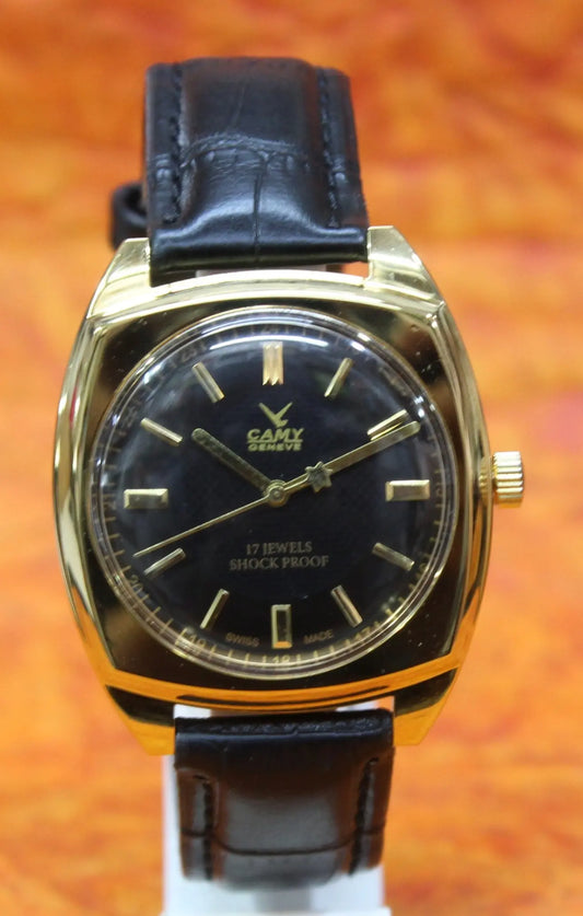 Black Dial Wristwatch Camy Geneva 17 Jewels ST96 Mechanical Hand Wind Movement - Genuine Vintage Watches