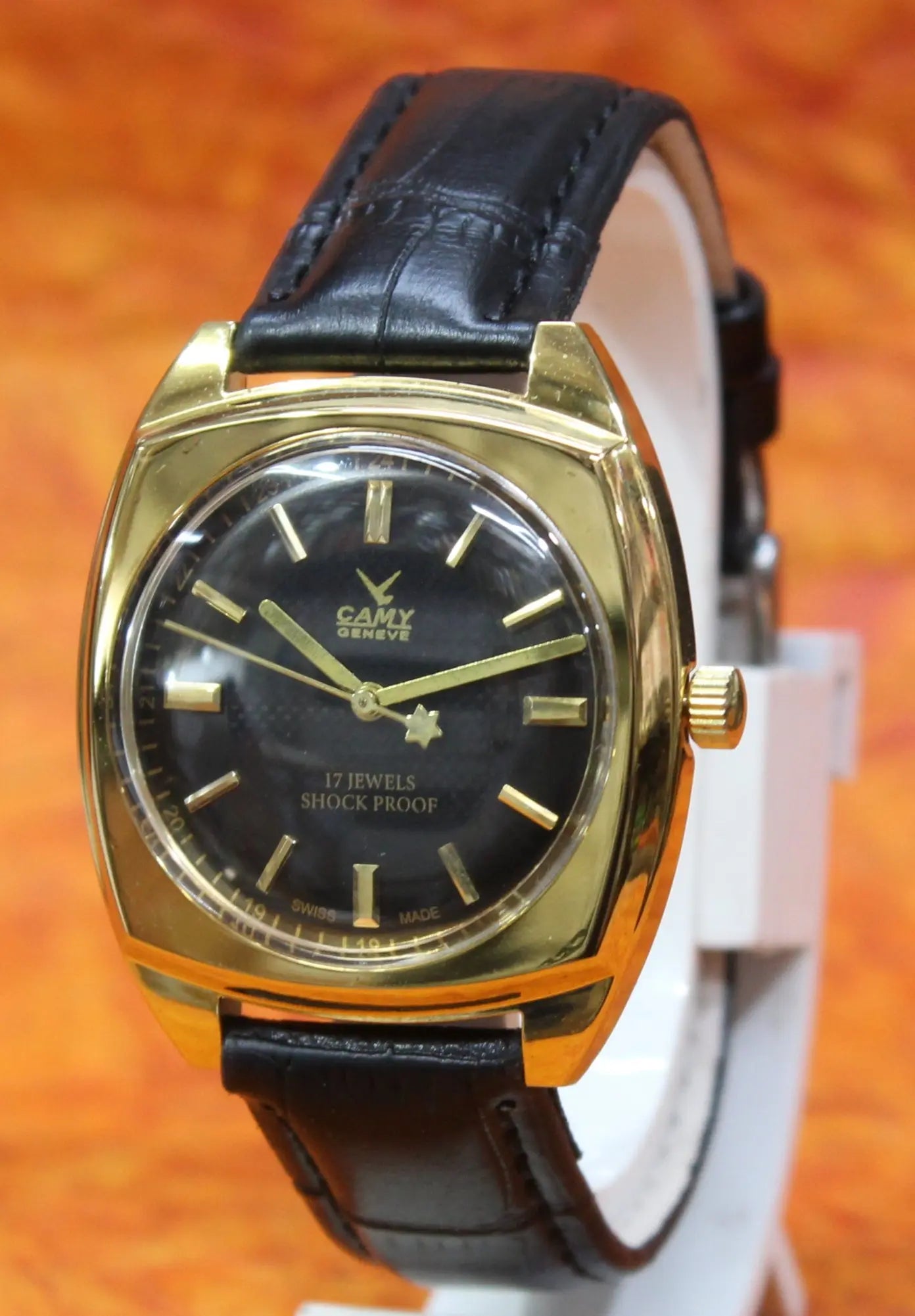 Black Dial Wristwatch Camy Geneva 17 Jewels ST96 Mechanical Hand Wind Movement - Genuine Vintage Watches