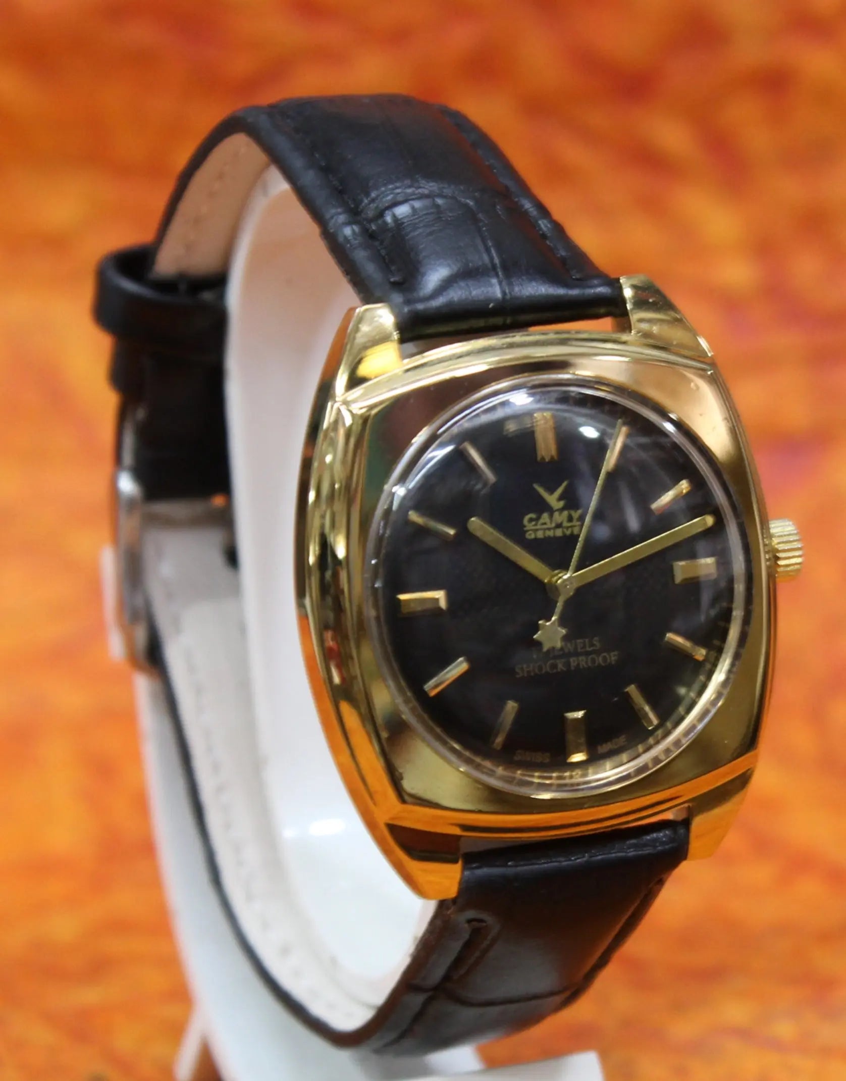 Black Dial Wristwatch Camy Geneva 17 Jewels ST96 Mechanical Hand Wind Movement - Genuine Vintage Watches