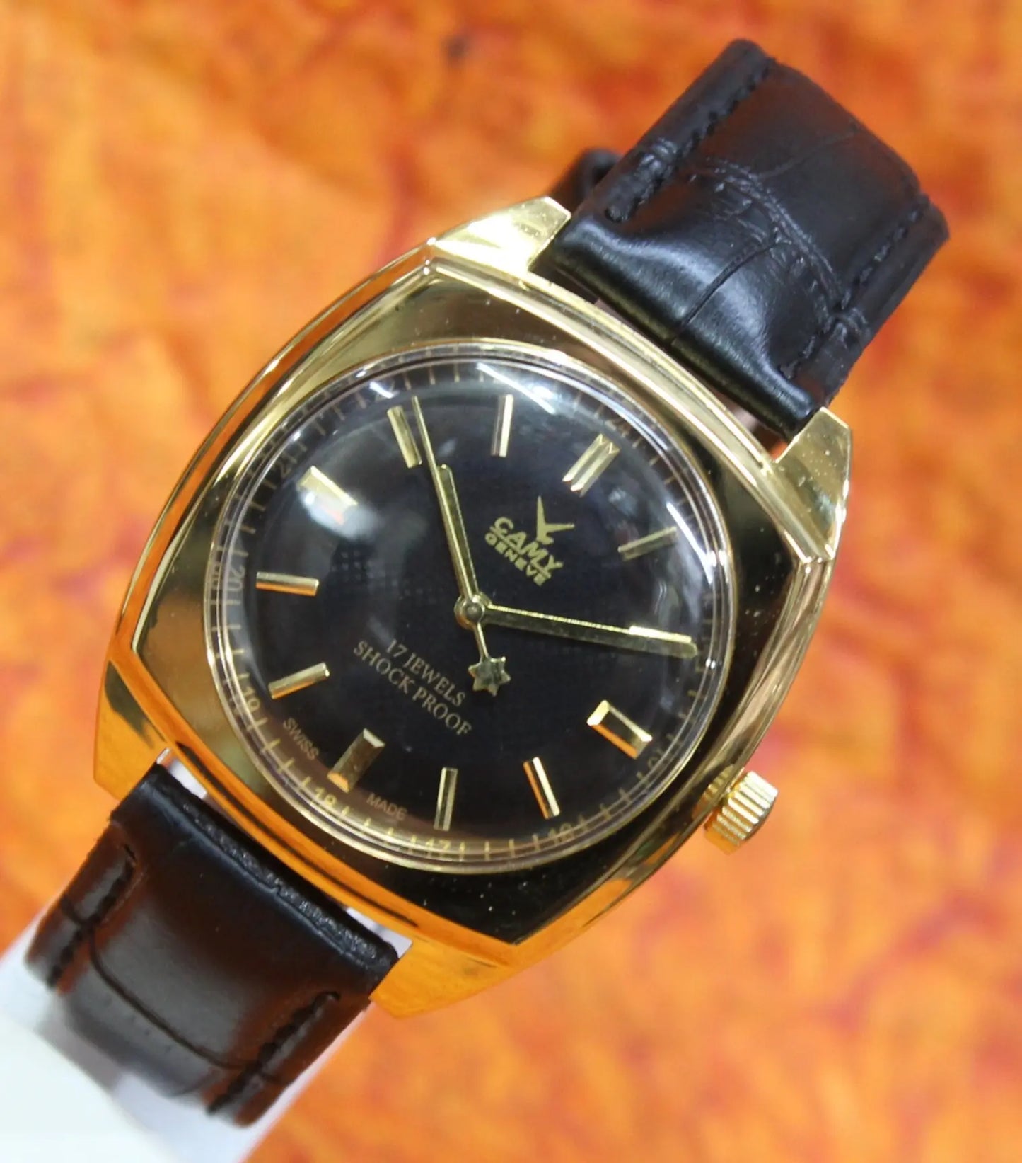 Black Dial Wristwatch Camy Geneva 17 Jewels ST96 Mechanical Hand Wind Movement - Genuine Vintage Watches