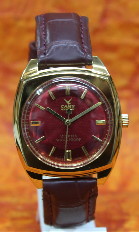 Camy Geneva Vintage 17 Jewels FHF ST96 Mechanical Hand Winding Swiss Made Red Dial Wristwatch - Genuine Vintage Watches