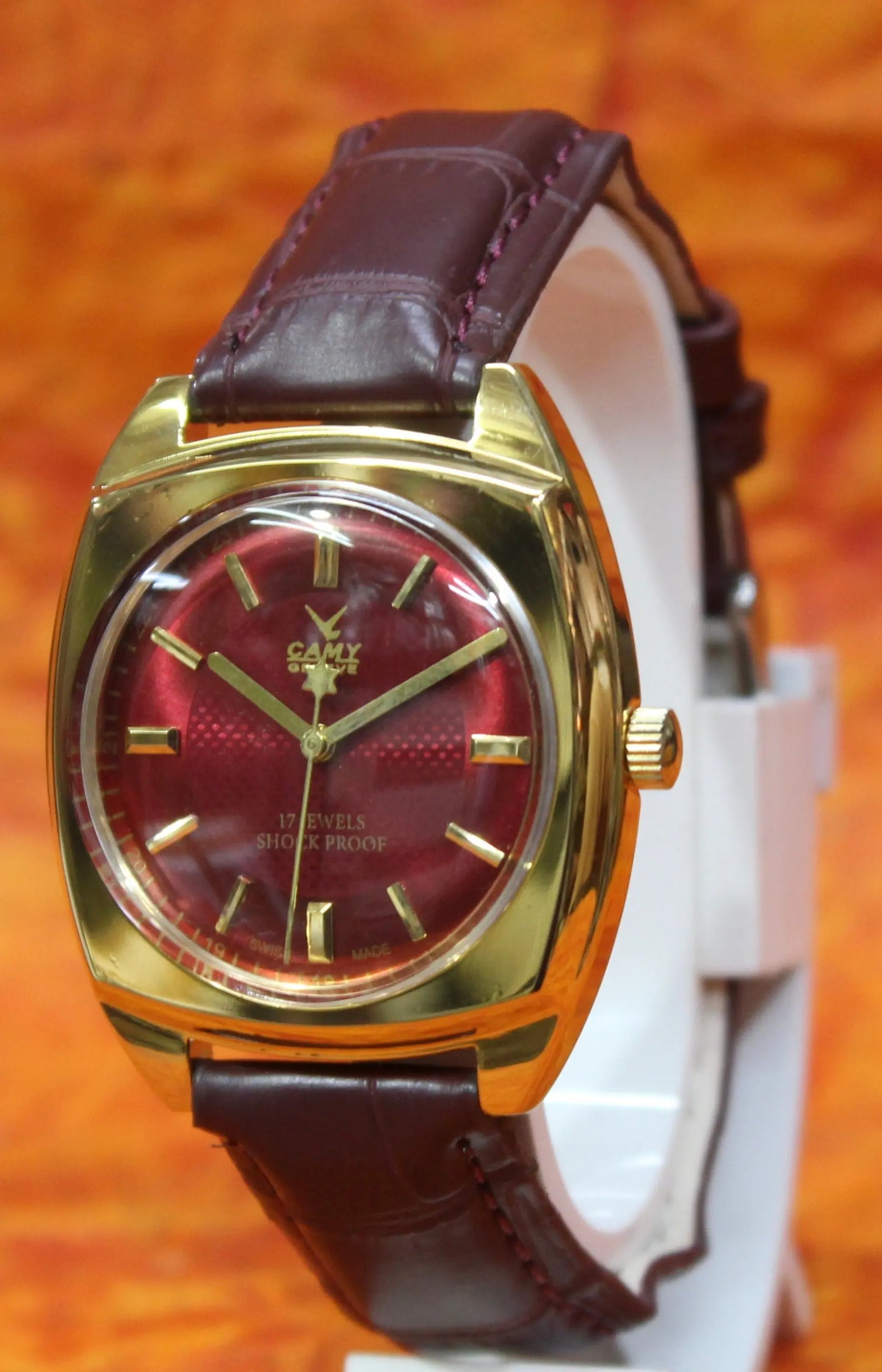 Camy Geneva Vintage 17 Jewels FHF ST96 Mechanical Hand Winding Swiss Made Red Dial Wristwatch - Genuine Vintage Watches