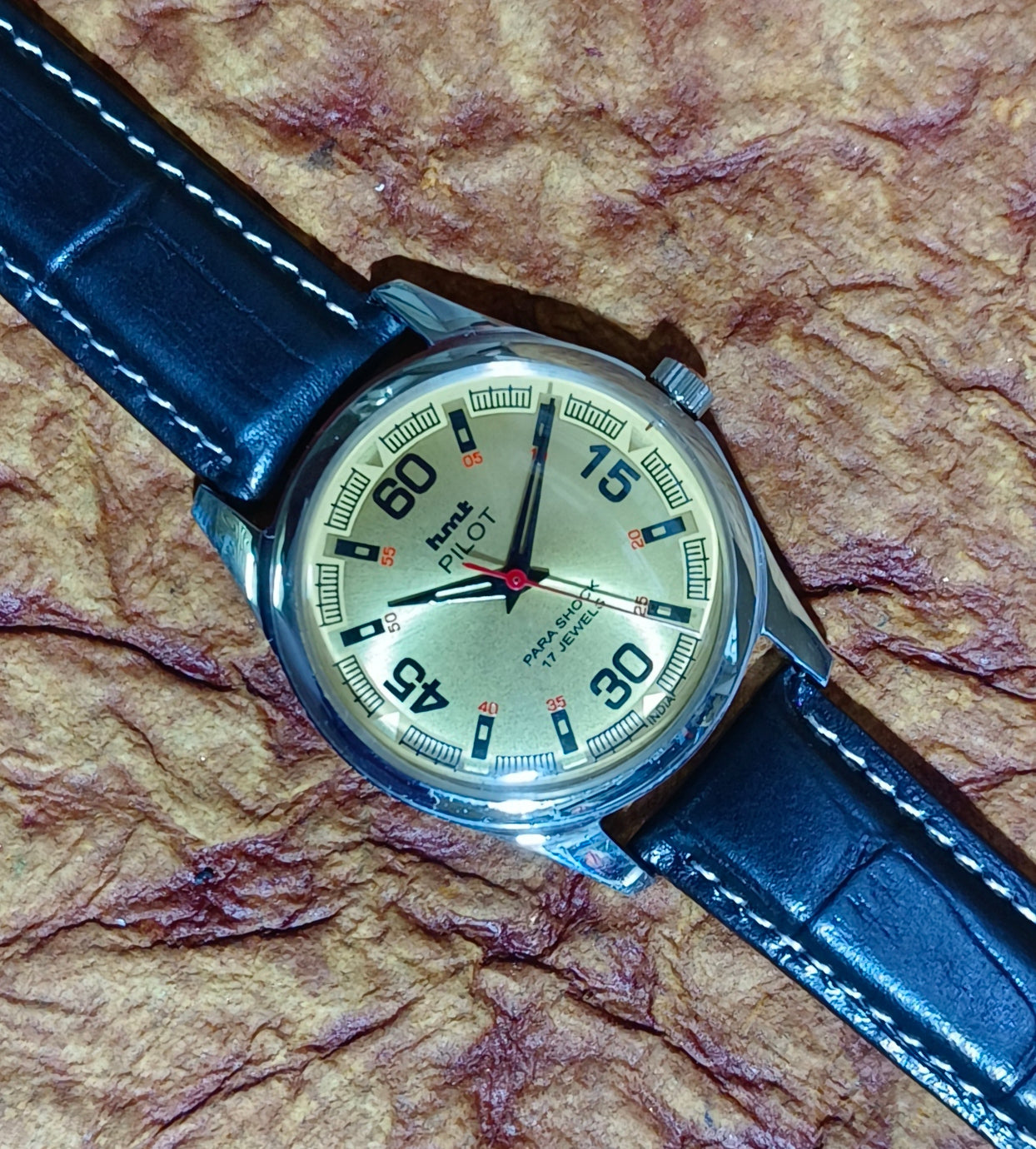 Vintage HMT Pilot Hand Wind Mechanical Wristwatch Stainless Steel Exhibition Back Geniune-Vintage-Watches